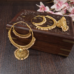 Gold Plated Antique Hoop Earrings/Gold Hoop Jhumka Earrings/Kundan Chandbali Jhumkas/Punjabi Earrings/Indian Earrings/Mint/Peach - Polki Bliss