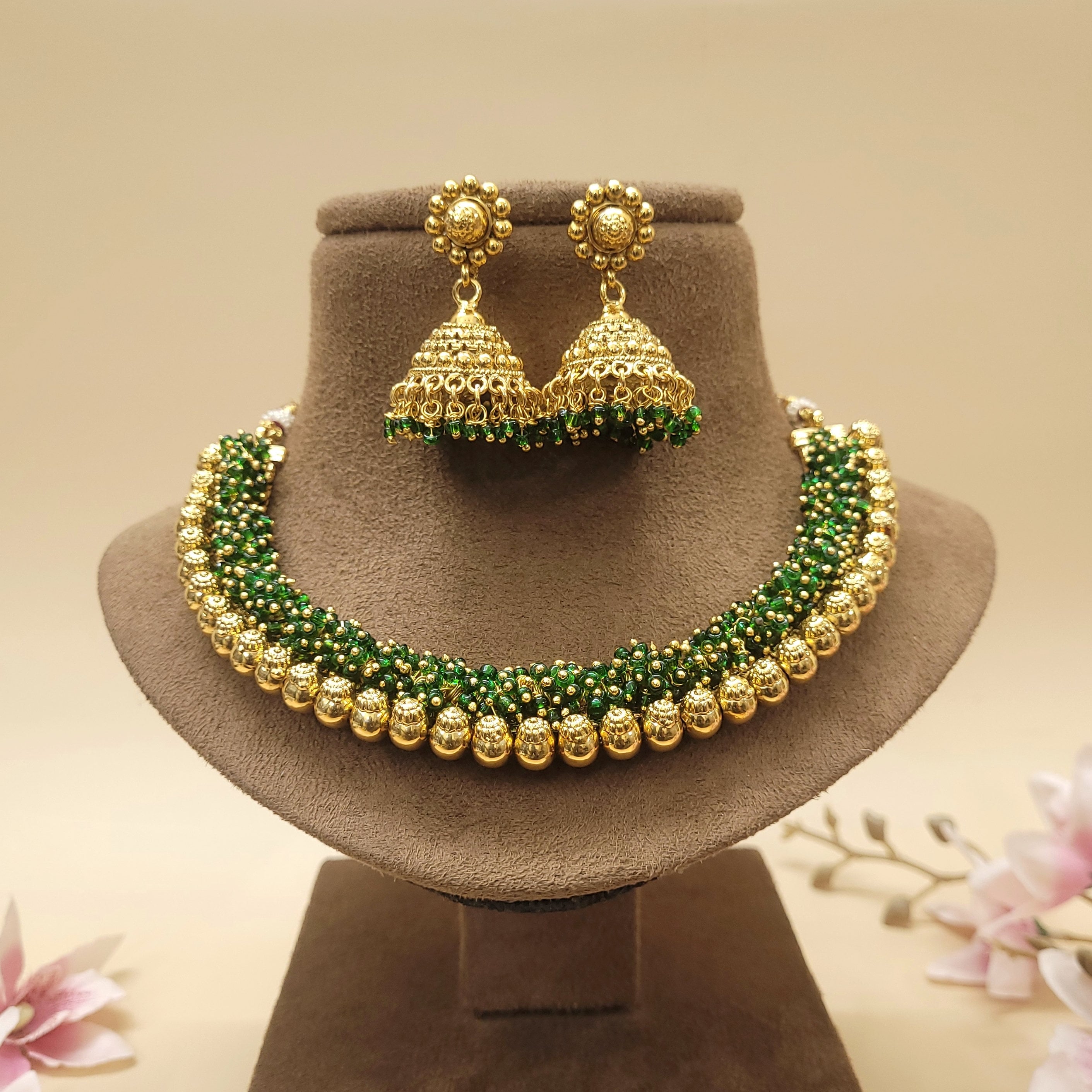 Cluster Necklace Set/Indian Jewelry Set/Jhumki Earrings Necklace Set/Gold/Pearl/Green/Red Necklace Set - Polki Bliss