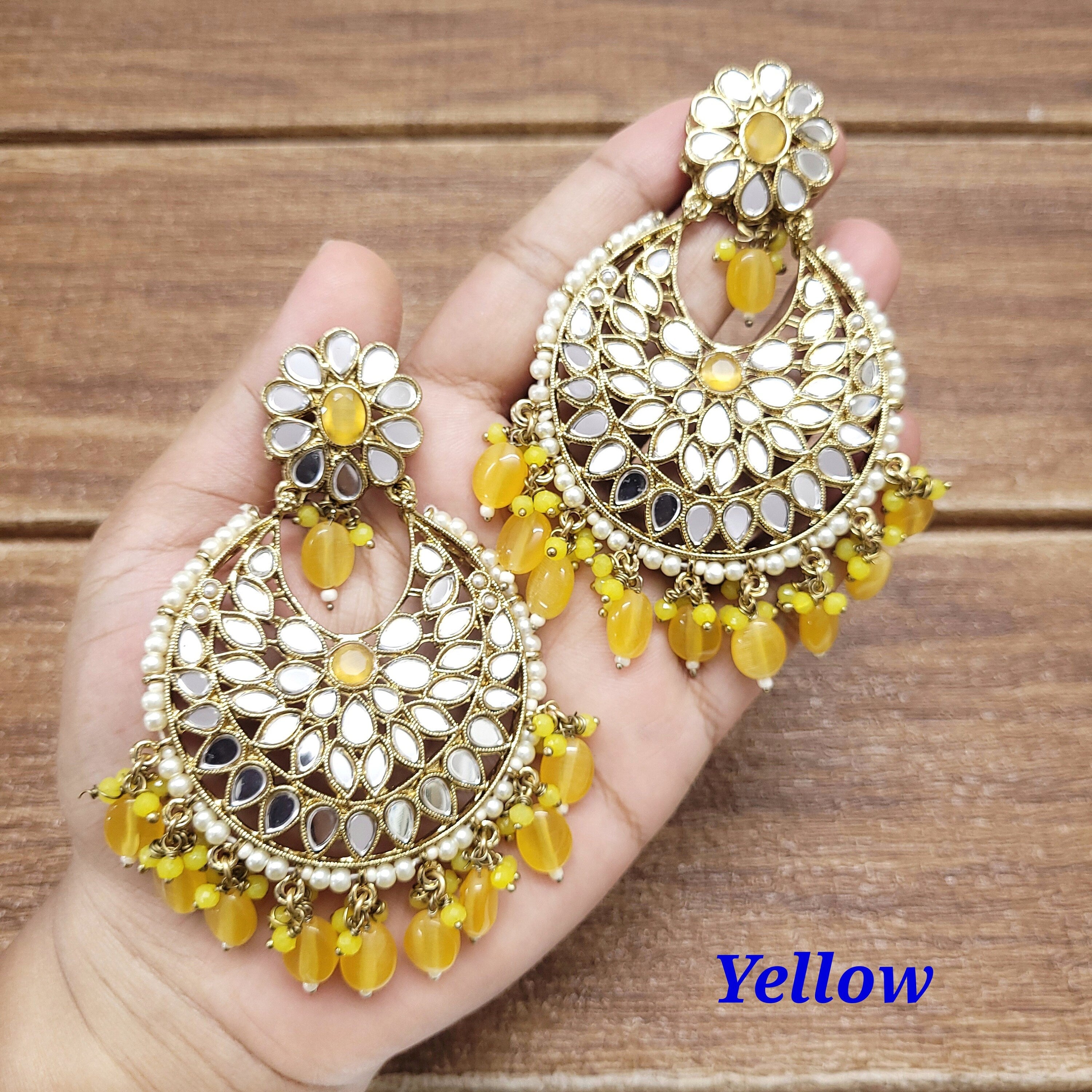 Mirror Chandbali Earrings/Kundan Earrings/Kundan Chandbali/Drop Earrings/Wedding Earrings - Polki Bliss