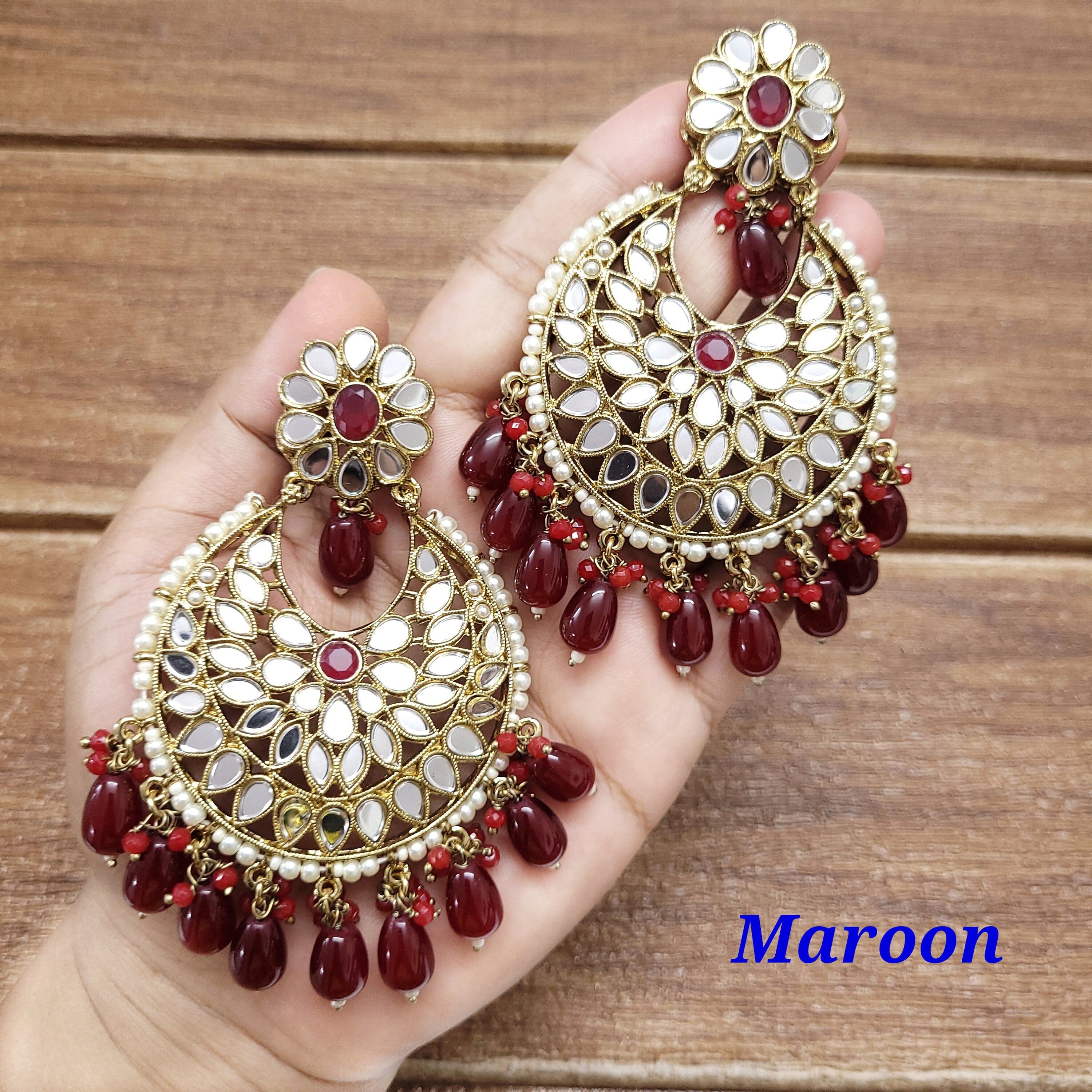 Mirror Chandbali Earrings/Kundan Earrings/Kundan Chandbali/Drop Earrings/Wedding Earrings - Polki Bliss