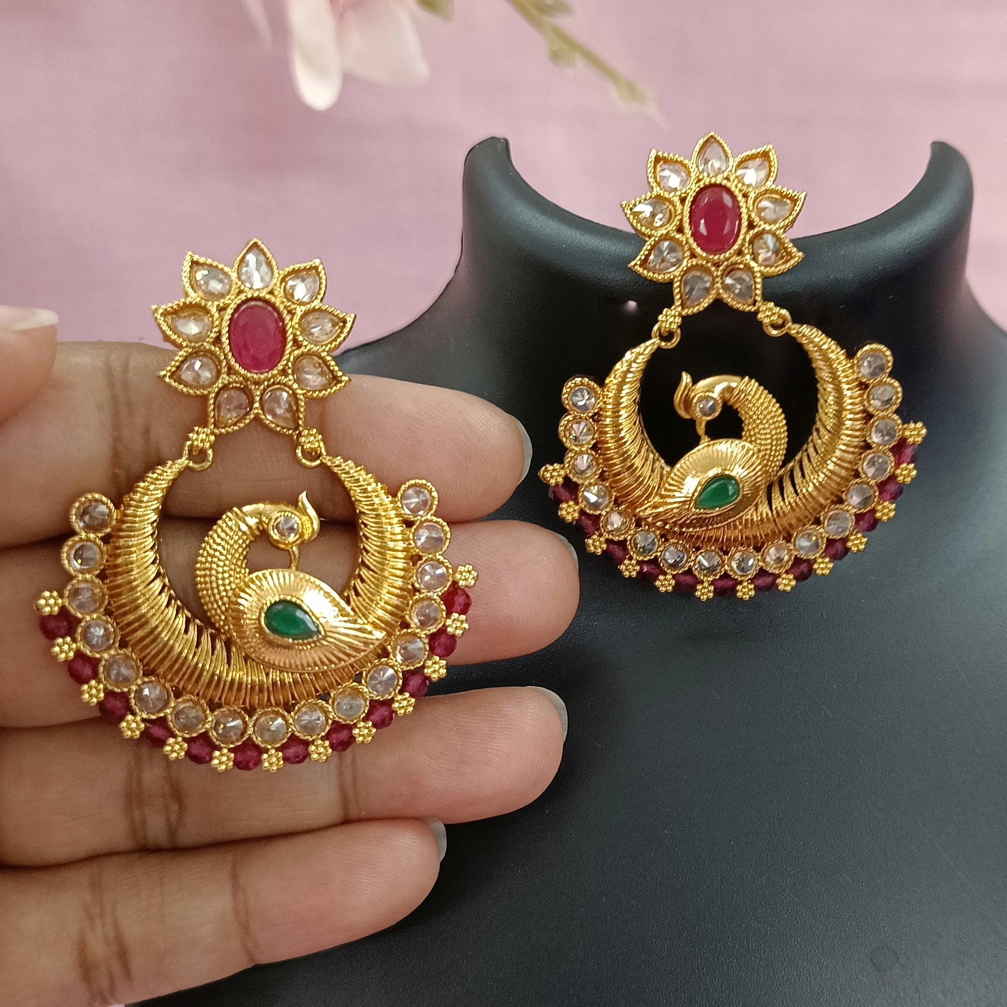 Indian CZ Earring/Gold Plated Polki Earrings/Stone Earrings/Indian Jewelry/Punjabi/Bridal Earring/Wedding Earrings - Polki Bliss