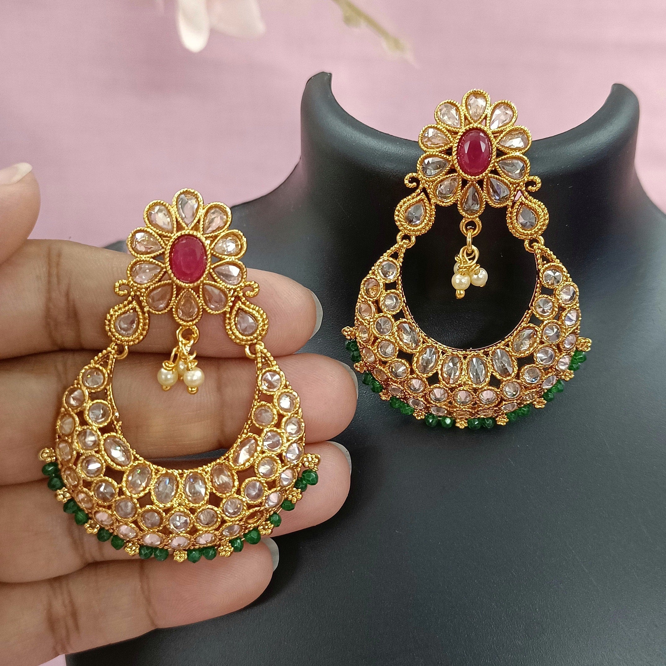 Indian CZ Earrings/Gold Plated Polki Earrings/Stone Earrings/Indian Jewelry/Punjabi/Bridal Earring/Wedding Earrings - Polki Bliss