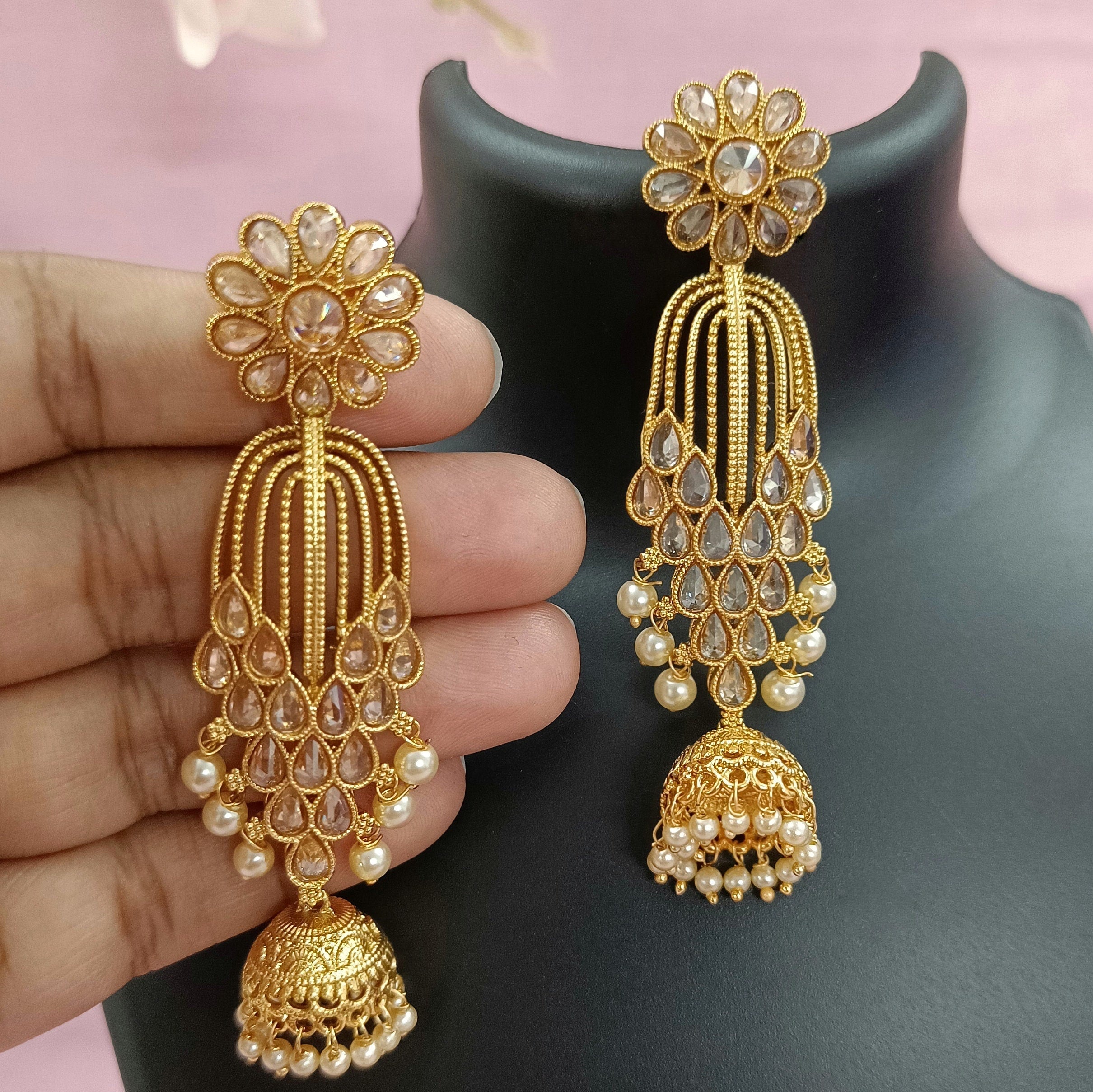 Indian CZ Jhumki/Gold Plated Polki Jhumki/Stone Jhumki/Indian Jewelry/Punjabi/Bridal Earring/Wedding Earrings - Polki Bliss