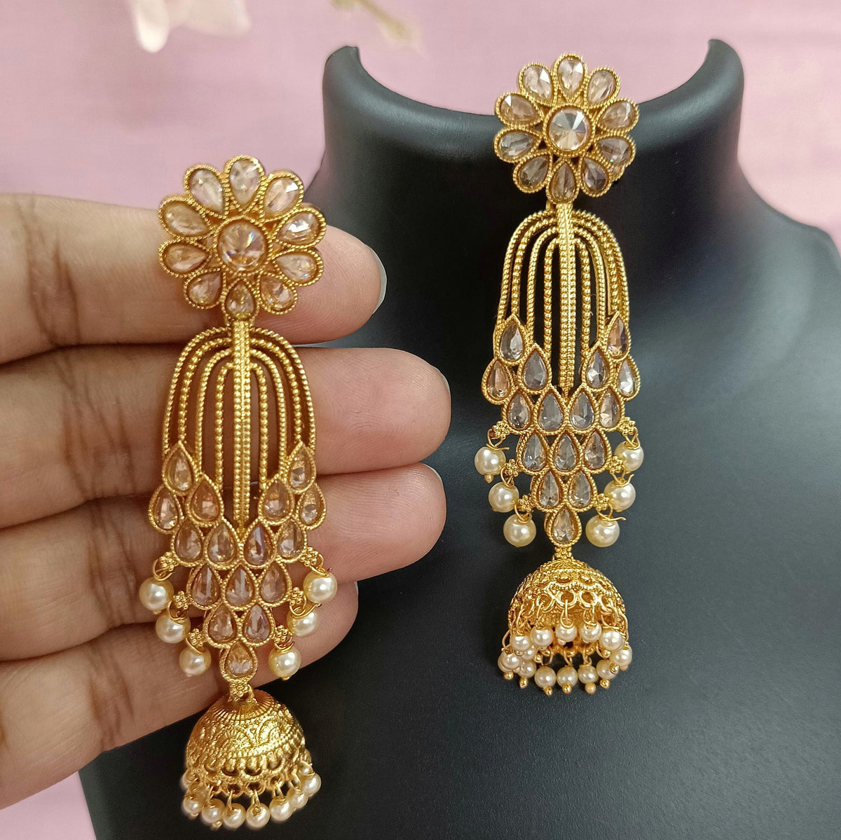 Indian CZ Jhumki/Gold Plated Polki Jhumki/Stone Jhumki/Indian Jewelry/Punjabi/Bridal Earring/Wedding Earrings - Polki Bliss