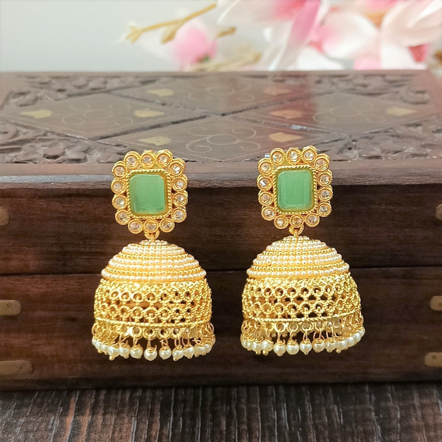 Indian CZ Jhumki/Gold Plated Polki Jhumki/Stone Jhumki/Indian Jewelry/Punjabi/Bridal Earring/Wedding Earrings - Polki Bliss