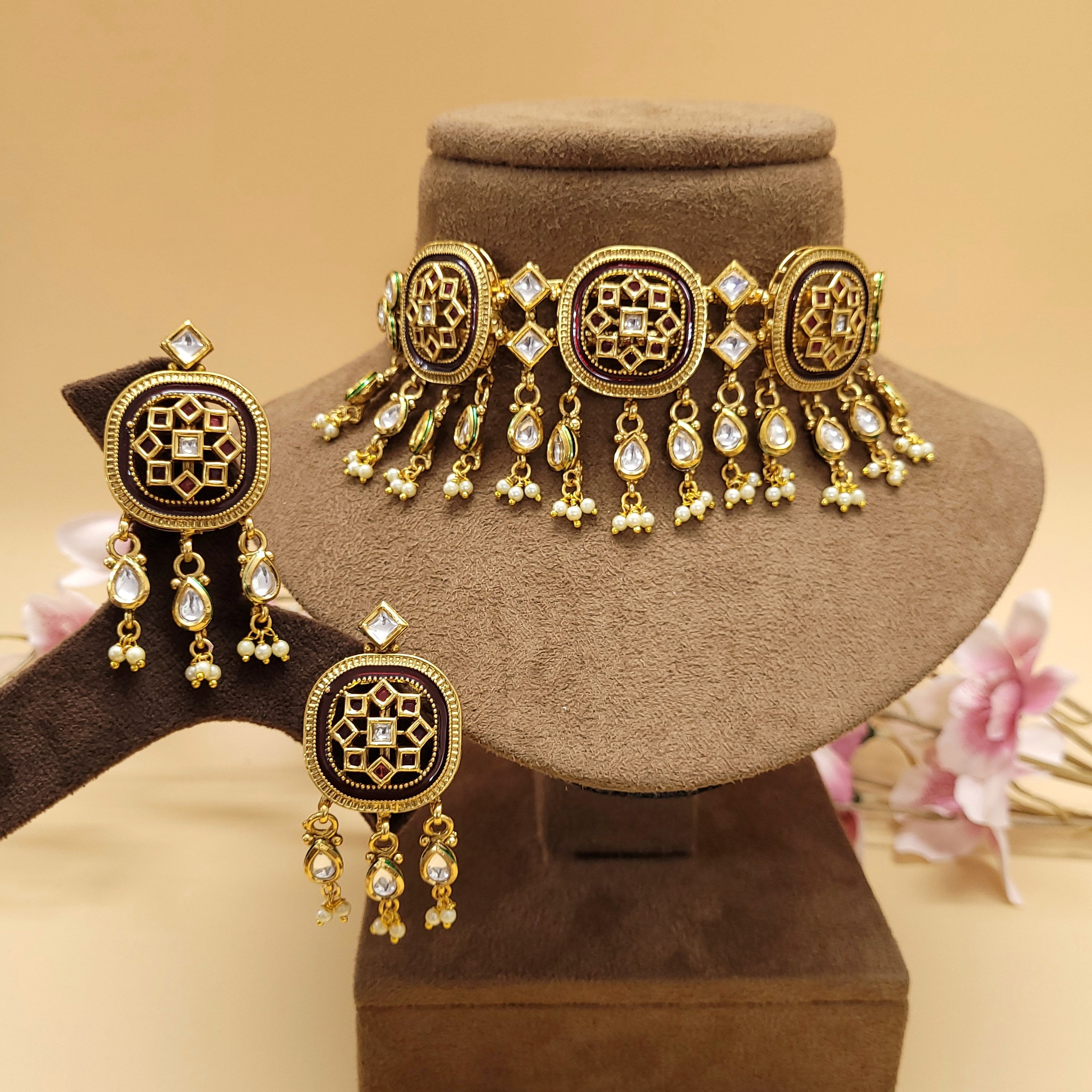 Meenakari Necklace Set/Indian Jewelry Set/Indo Western Necklace Set/Gift For Her/Partywear Choker Set/Kundan Necklace Set - Polki Bliss